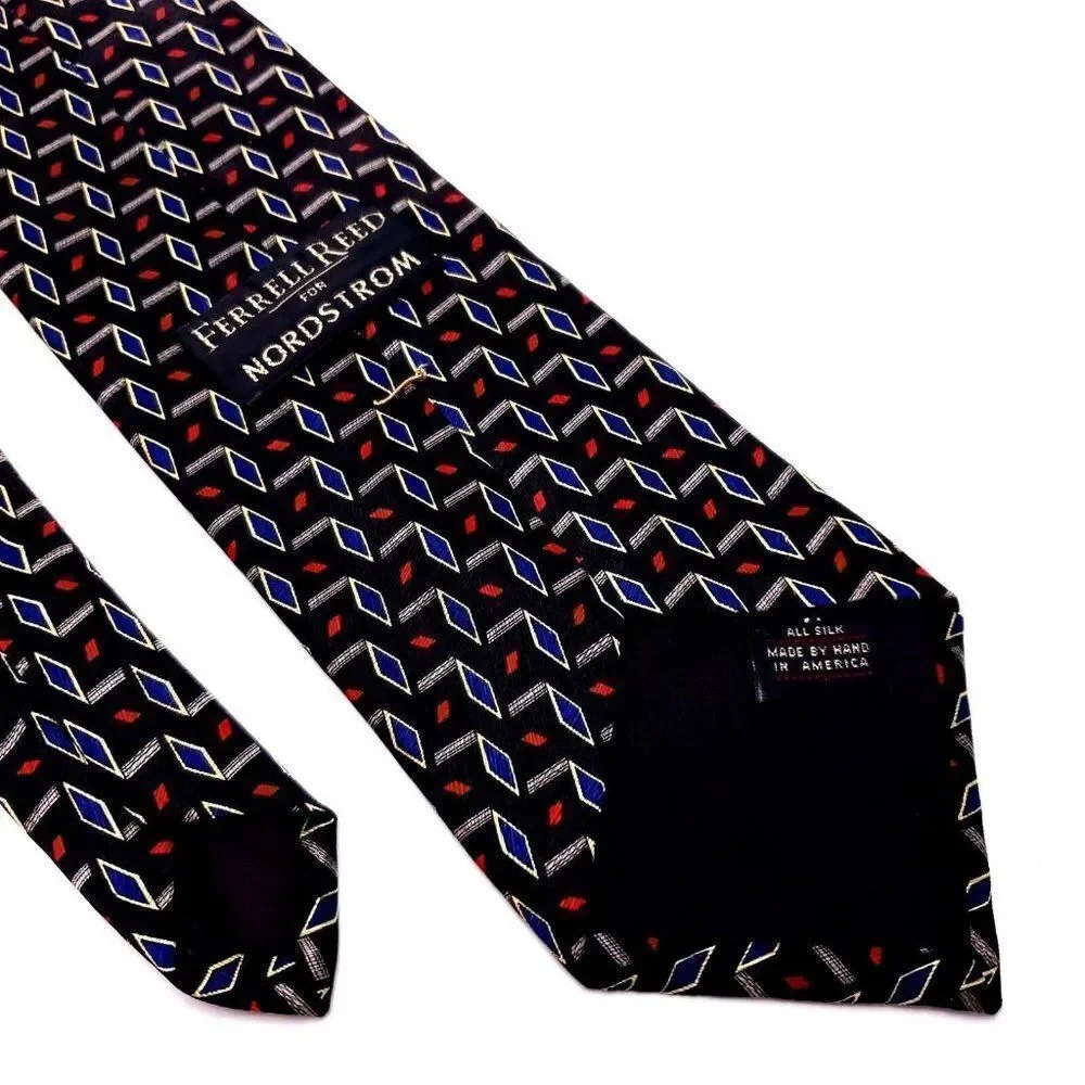 Ferrell Reed Nordstrom‎ Silk Tie Black Red Blue Geometric USA Wide